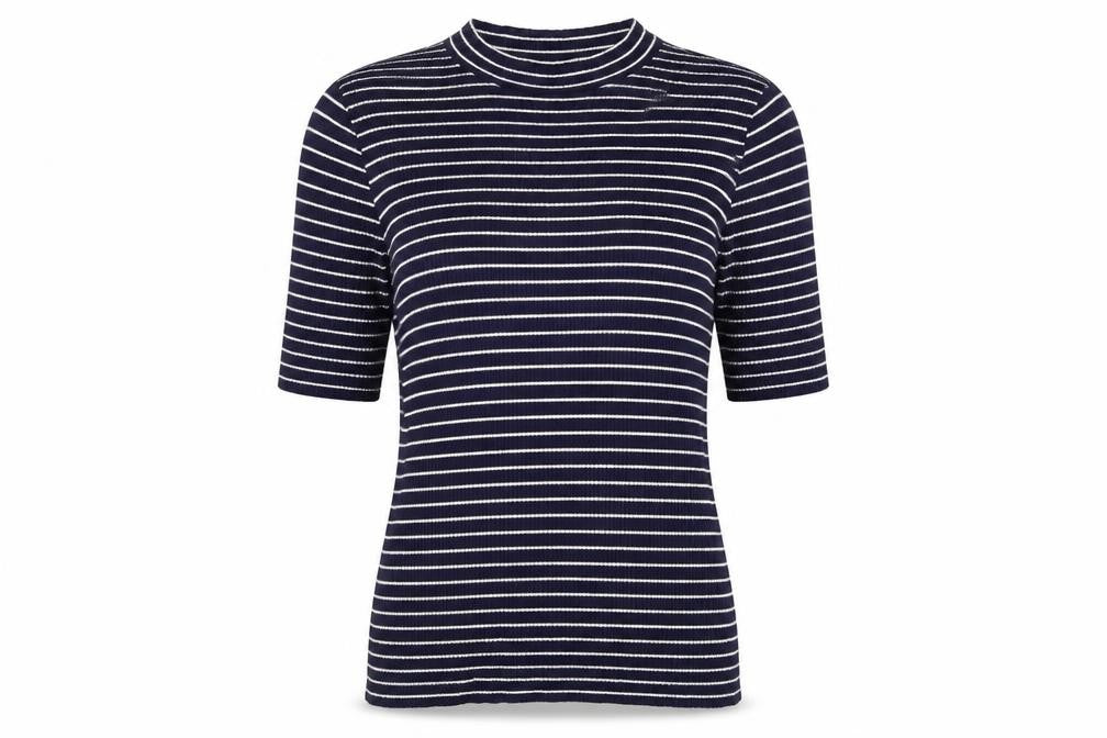 Front view of F&F women’s blue striped pullover sweatshirt, size UK 12
