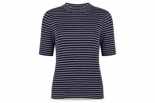 Front view of F&F women’s blue striped pullover sweatshirt, size UK 12