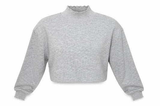 Front view of Boohoo women’s grey pullover sweatshirt, size UK 12, - cropped jumper