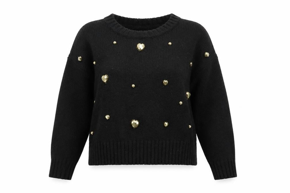 Front view of New Look women’s black knit pullover sweatshirt, size UK 10