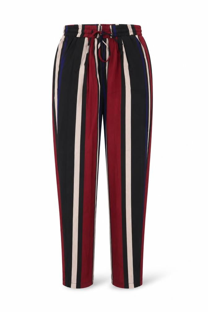 Front view of PRETTYLITTLETHING women’s multicoloured striped trousers, size UK 6, 23.5-inch leg