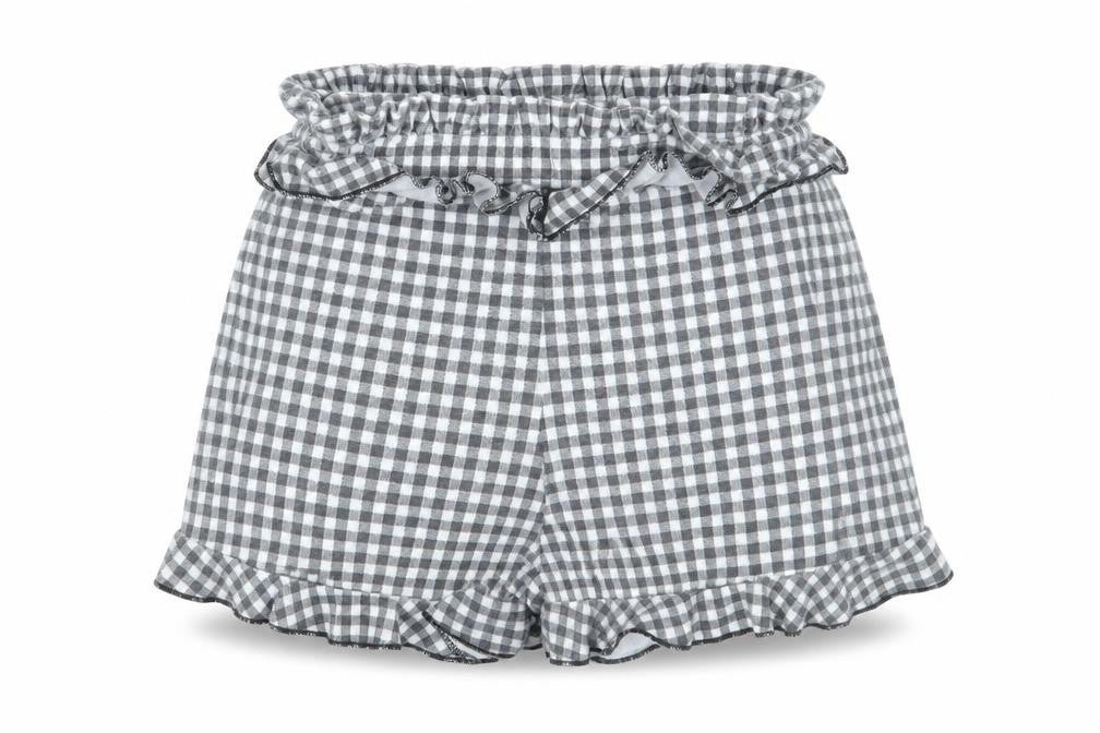 Front view of PRETTYLITTLETHING women’s grey check hot pants shorts, size UK 6