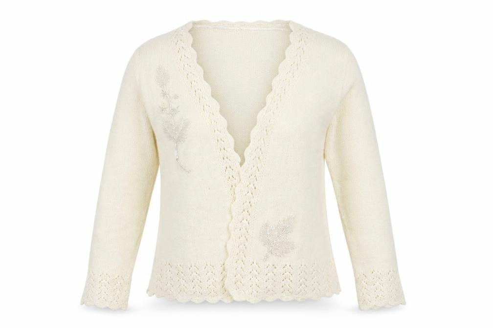 Front view of Preworn women’s ivory cardigan jumper, size L