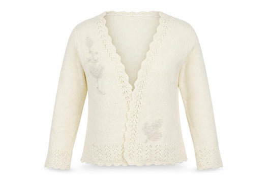 Front view of Preworn women’s ivory cardigan jumper, size L