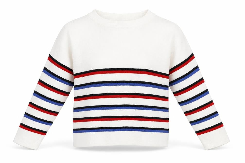 Front view of New Look girls’ white striped jumper, size 9, years