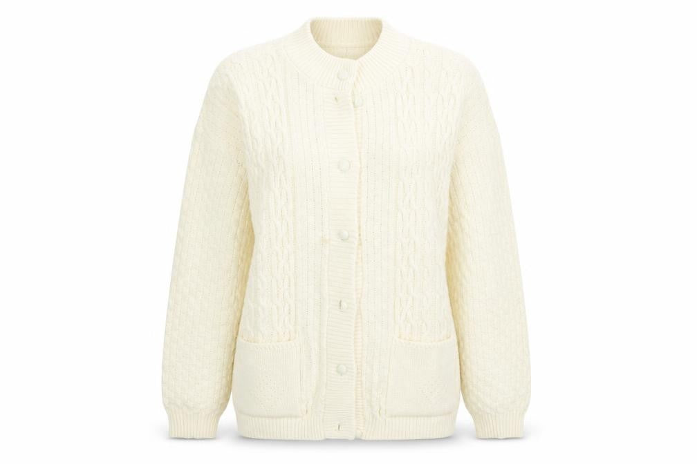 Front view of Sapphire women’s beige knit cardigan jumper, size L
