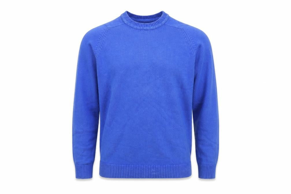 Front view of One Up Golf men’s blue knit jumper, size S