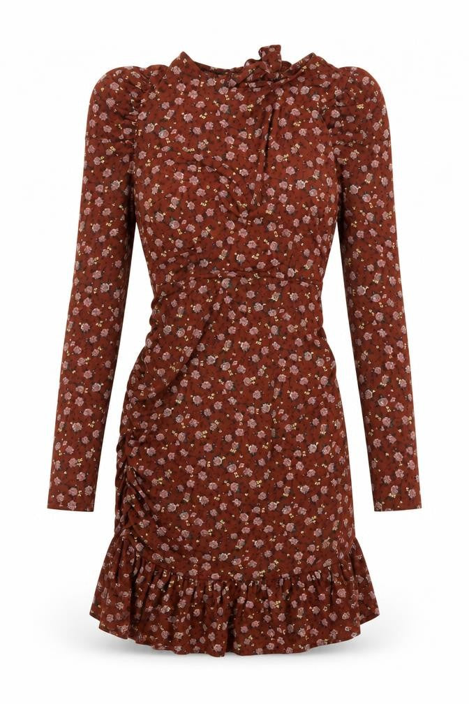 Front view of PRETTYLITTLETHING women’s brown floral a-line, size UK 6