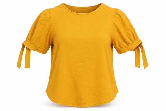 Front view of Quiz women’s yellow basic blouse, size UK 12