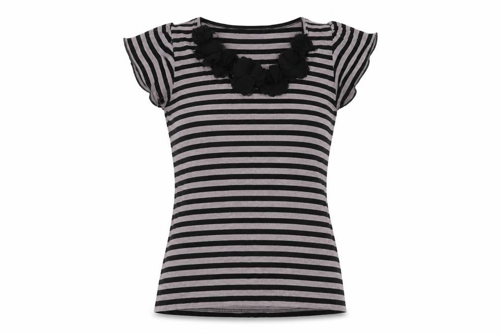 Front view of Bassini women’s grey striped basic t-shirt, size L