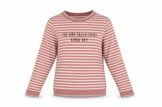 Front view of Next women’s pink striped jumper, size S, - tea and fuzzy socks