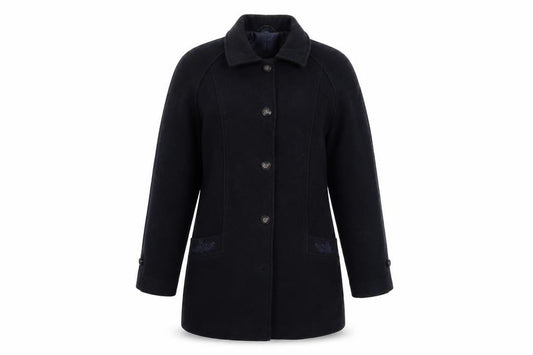 Front view of Preworn women’s blue jacket coat, size UK 12