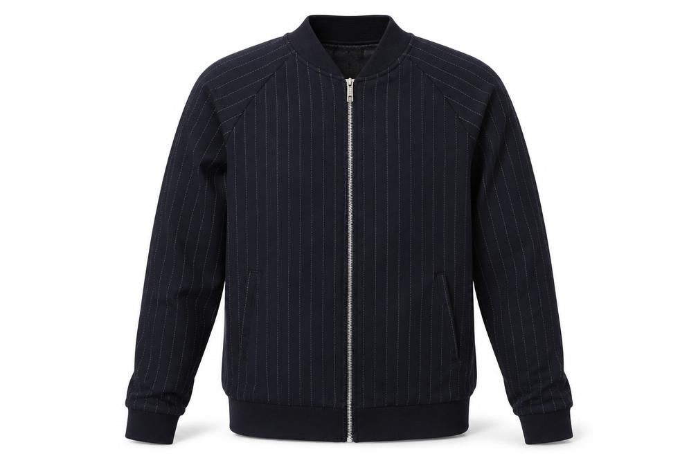 Front view of Boohoo men’s blue striped jacket, size S