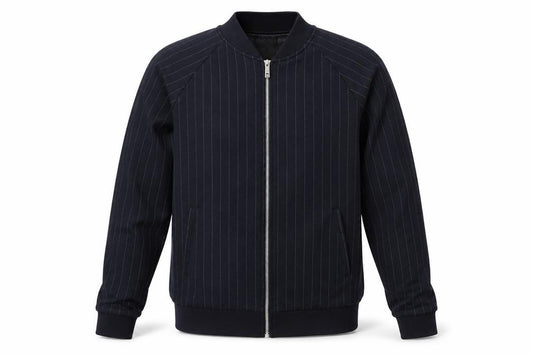 Front view of Boohoo men’s blue striped jacket, size S