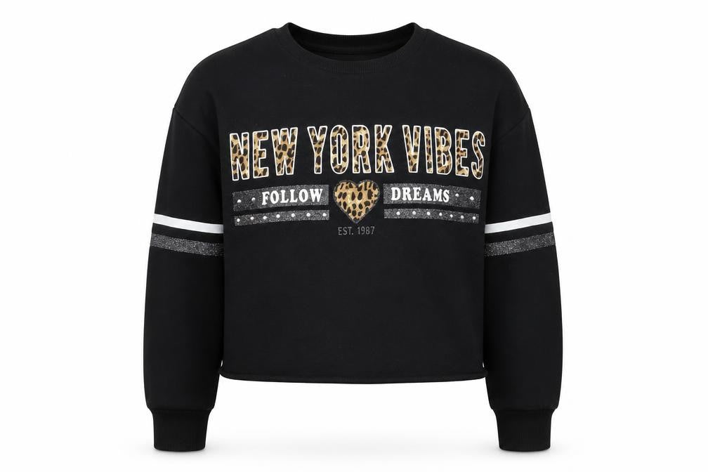 Front view of Primark girls’ black jersey pullover sweatshirt, size 9-10, years - new york