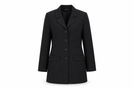 Front view of CONTEXT women’s black striped jacket suit jacket, size UK 12