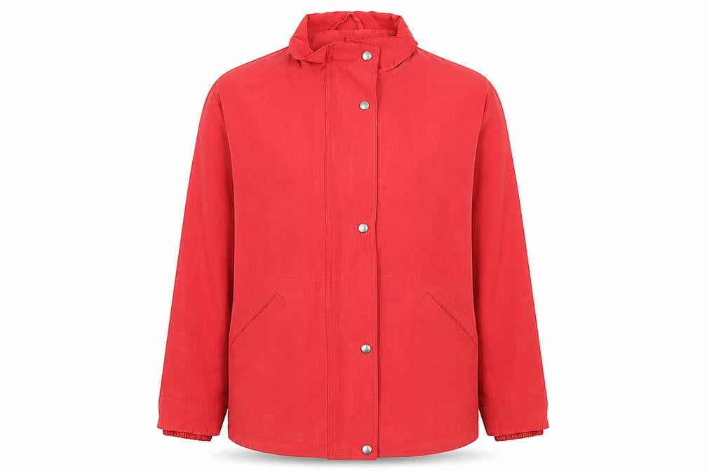 Front view of Essentials outwear women’s red jacket coat, size UK 14