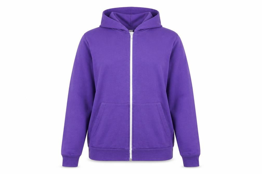 Front view of Preworn women’s purple full zip jumper, size UK 16