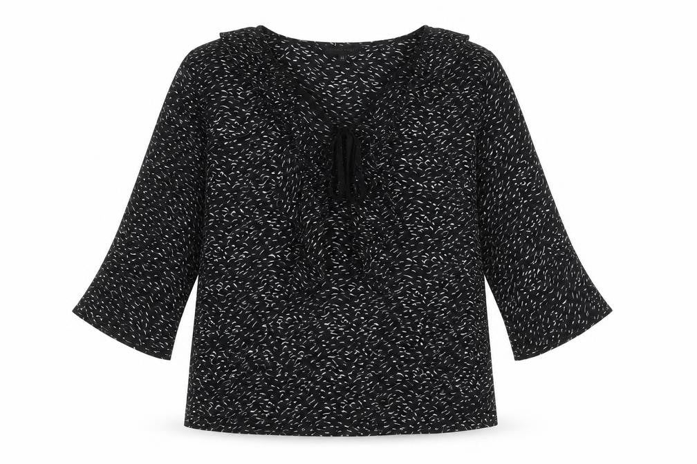 Front view of stay sunny chicago women’s black geometric basic blouse, size UK 12