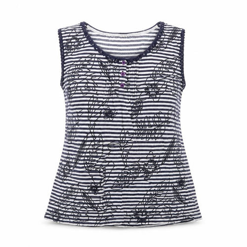 Heyton Womens Blue Striped  Basic T-Shirt Size L  - Floral embroidery