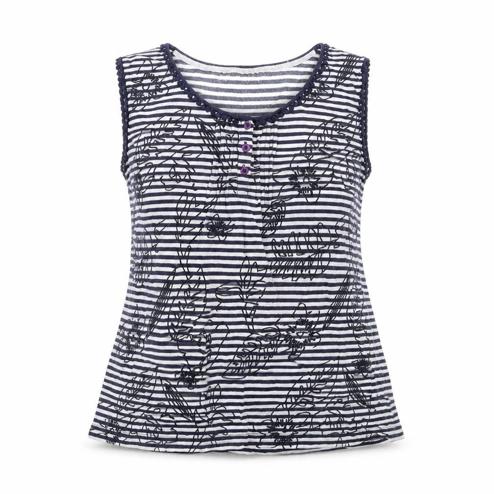 Heyton Womens Blue Striped  Basic T-Shirt Size L  - Floral embroidery