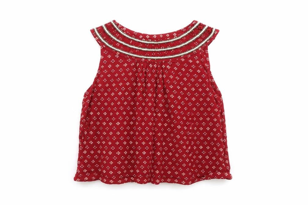 Front view of Next girls’ red floral basic blouse, size 9, years - beaded neck line