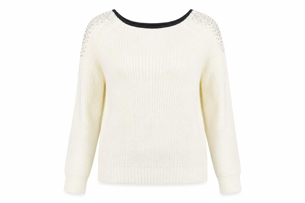 Front view of Preworn women’s white knit jumper, size UK 12
