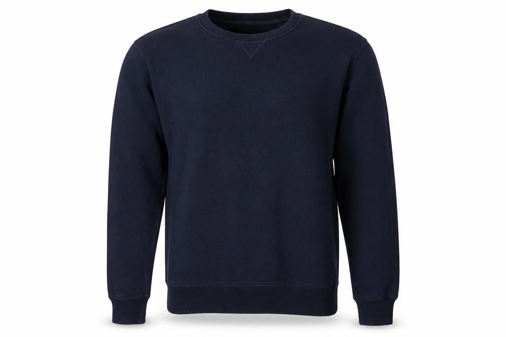 Front view of Easy men’s blue pullover sweatshirt, size S