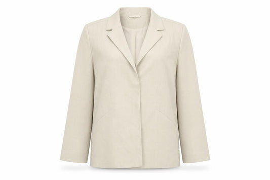 Front view of EWM women’s beige jacket blazer, size UK 12