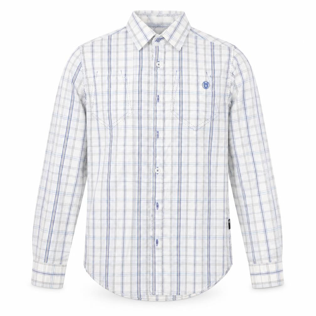 Front view of Unsung Hero men’s white check button-up, size S