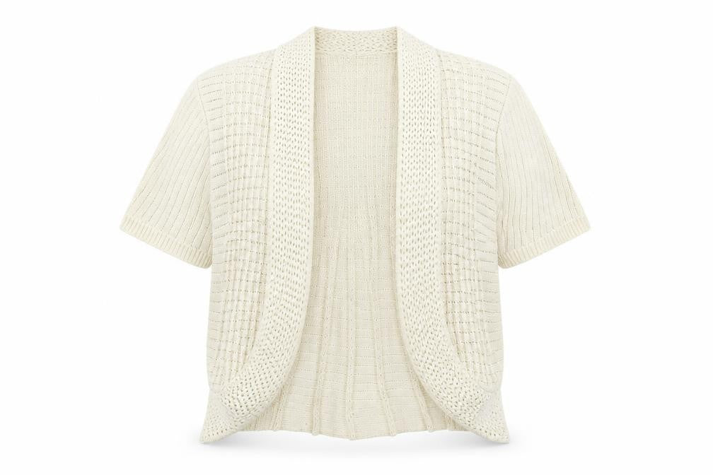 Front view of GLIMPSE DESIGN women’s beige cardigan jumper, size M