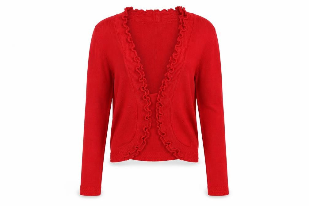 Front view of JUST ELEGANCE women’s red cardigan jumper, size M