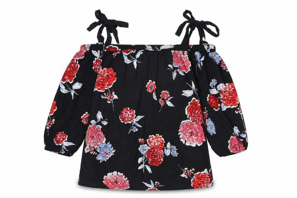 Front view of Dorothy Perkins women’s black floral basic blouse, size UK 10