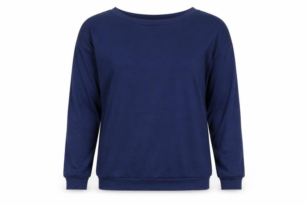 Front view of women’s blue pullover sweatshirt, size M