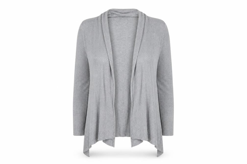 Front view of Primark women’s grey knit cardigan jumper, size UK 10