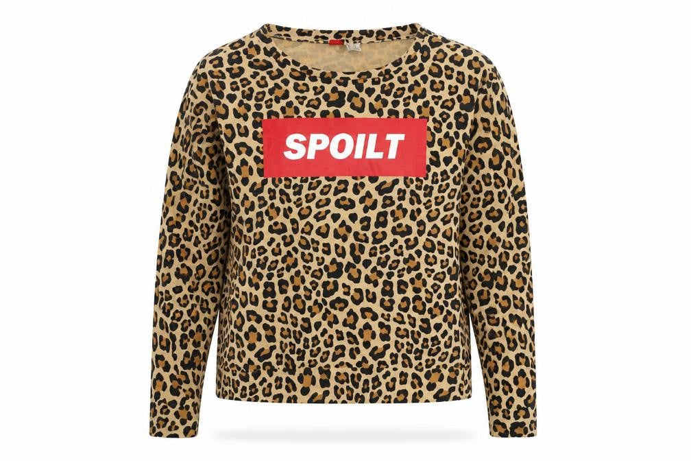Front view of H&M women’s brown animal print pullover sweatshirt, size M