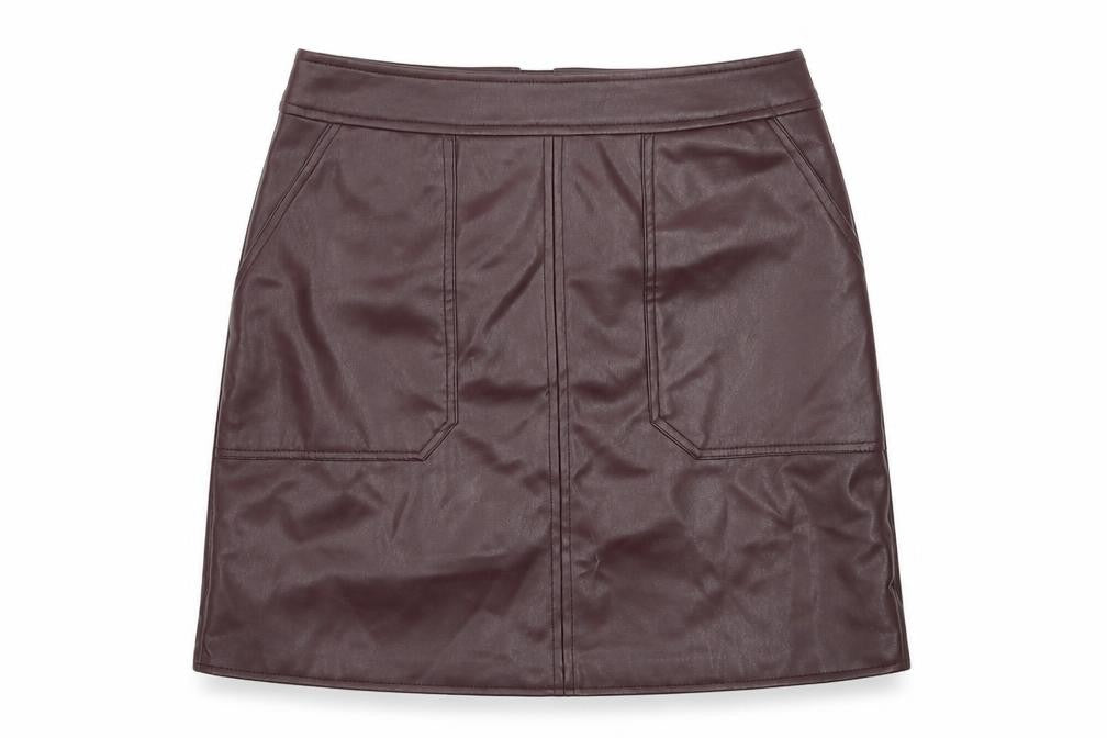 Front view of Warehouse women’s purple a-line skirt, size UK 10