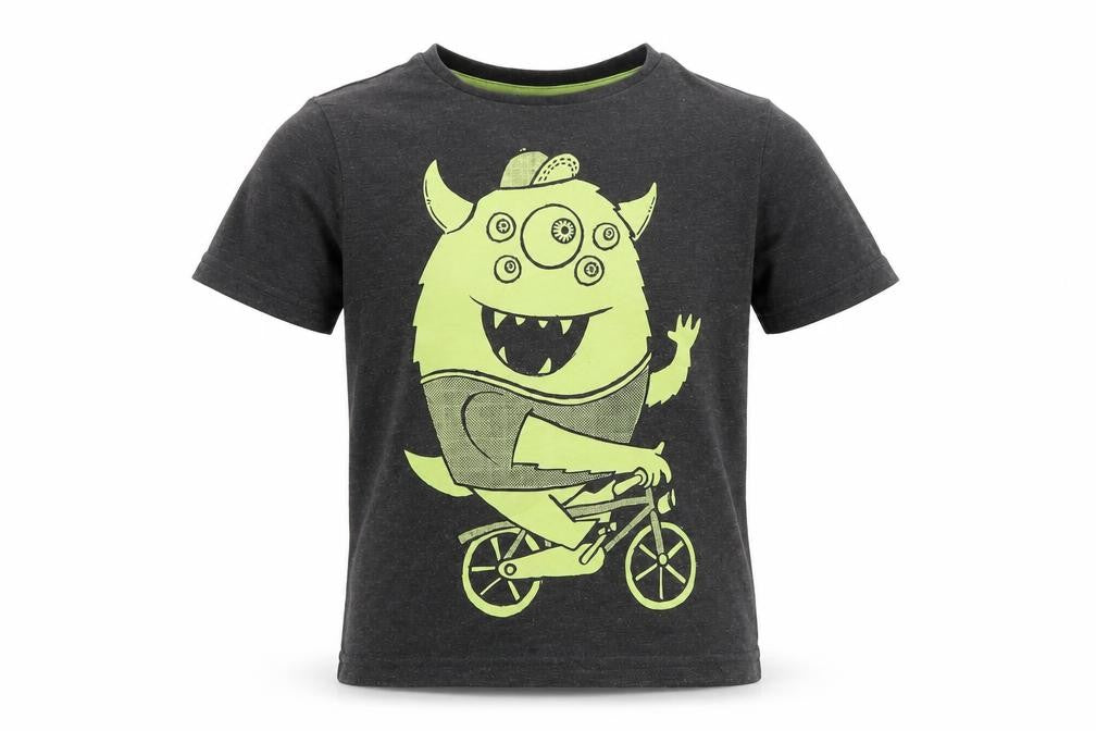 Front view of Tu boys’ grey pullover t-shirt, size 4-5, years - monster print