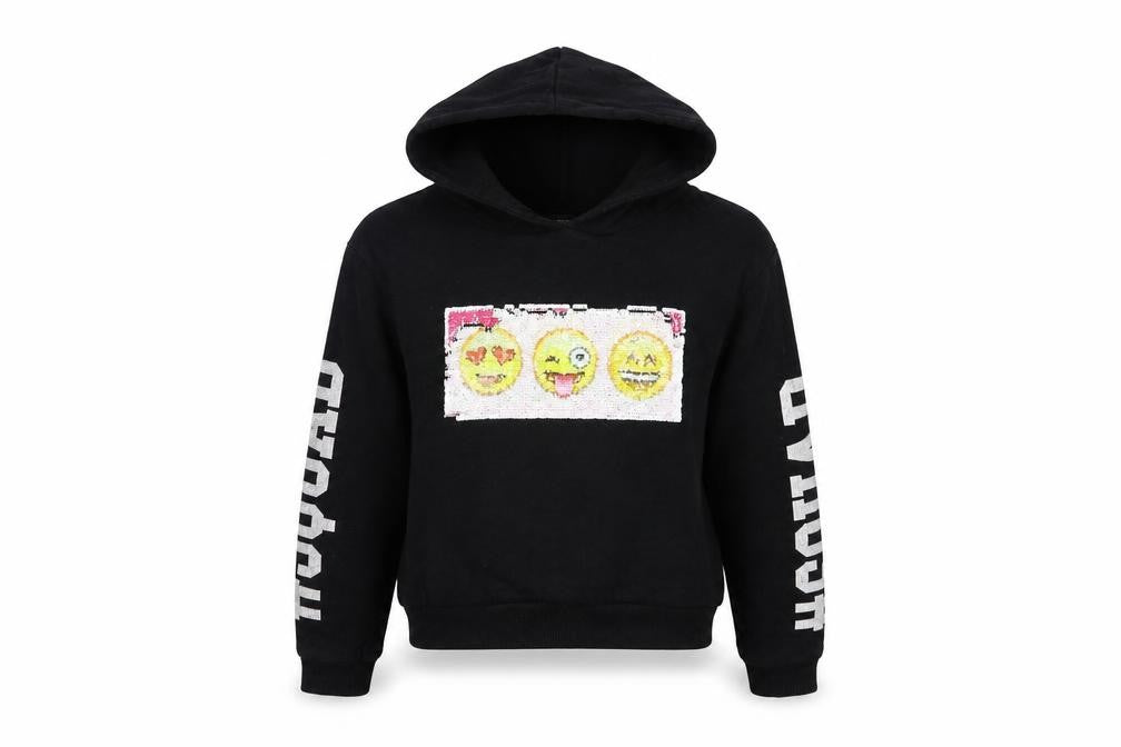 Front view of YD girls’ black pullover hoodie, size 12, years - sequin detail
