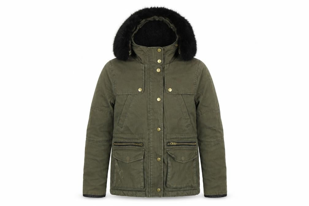 Front view of Topshop women’s green parka jacket, size UK 6