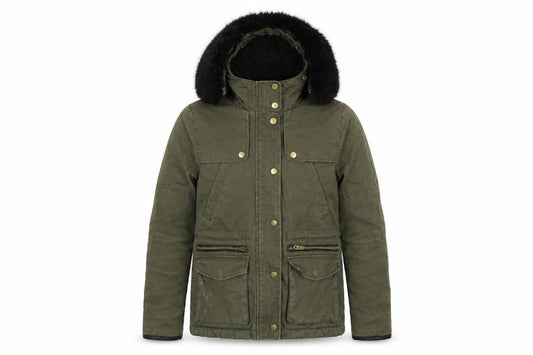 Front view of Topshop women’s green parka jacket, size UK 6