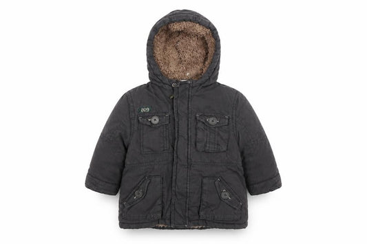 Front view of Mini Club Baby Grey Parka Jacket, size 9-12, Months
