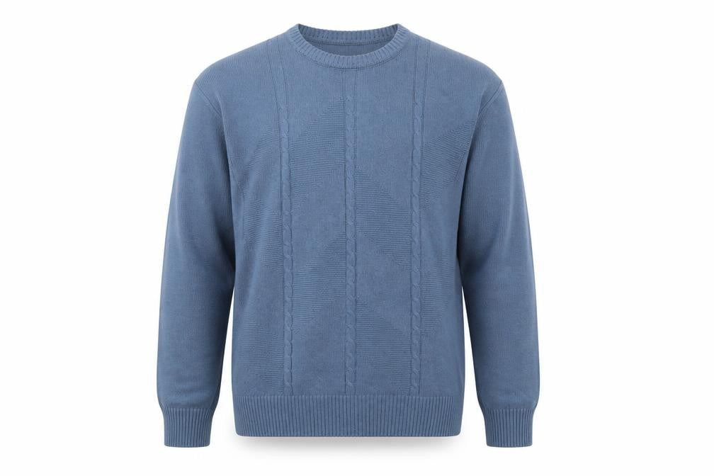 Front view of Greenwoods men’s blue jumper, size M
