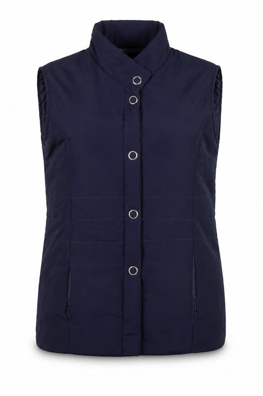 Front view of Anne de Lancay women’s blue puffer jacket waistcoat, size UK 10