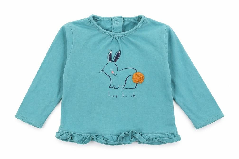 Front view of Next boys’ blue jumper, size 3-6, months - bunny hop on it