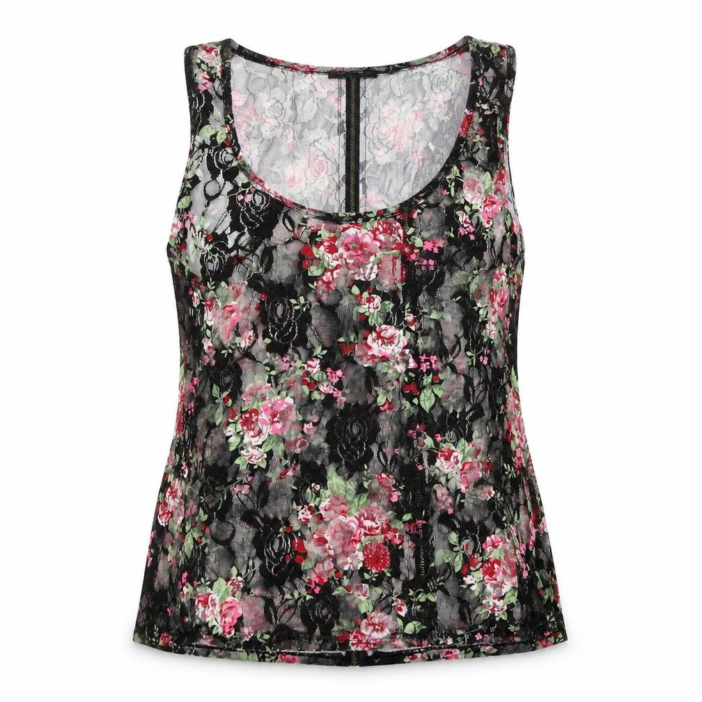 Front view of Select women’s black floral basic t-shirt, size UK 12, - zip back