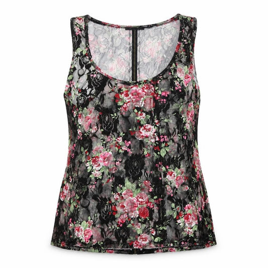 Front view of Select women’s black floral basic t-shirt, size UK 12, - zip back