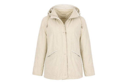 Front view of SEQUENCE women’s beige jacket coat, size L
