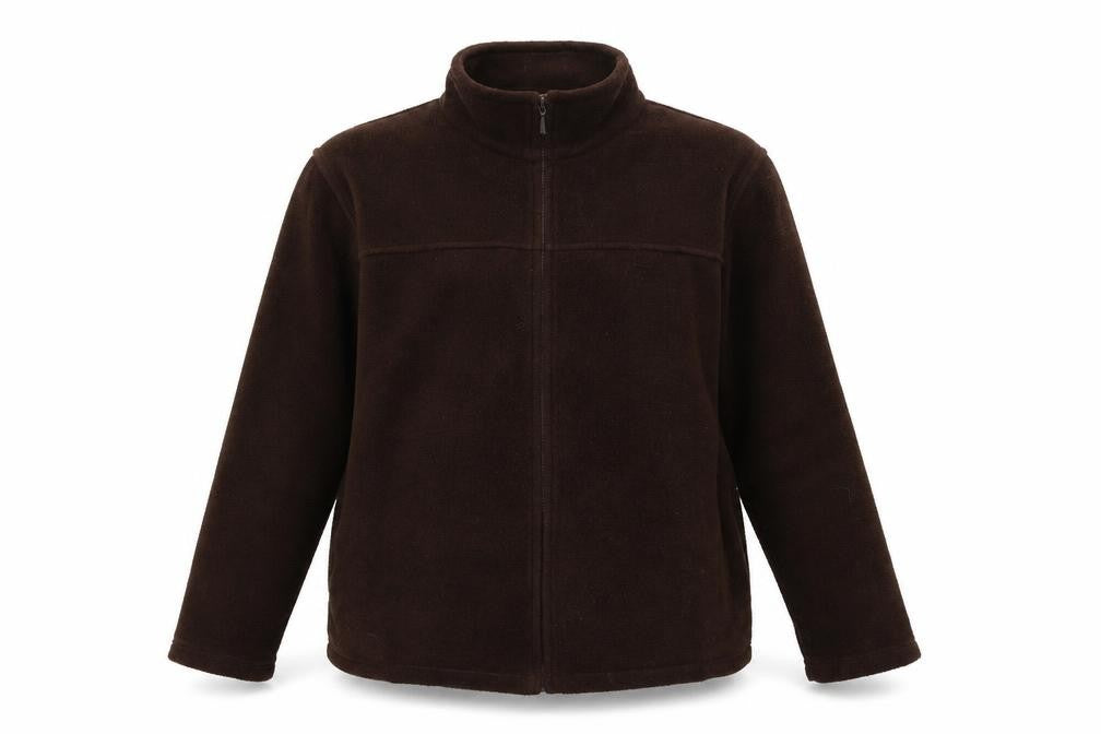 Front view of EWM women’s brown full zip jumper, size L