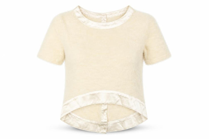 Front view of Urmoda women’s beige basic blouse, size S